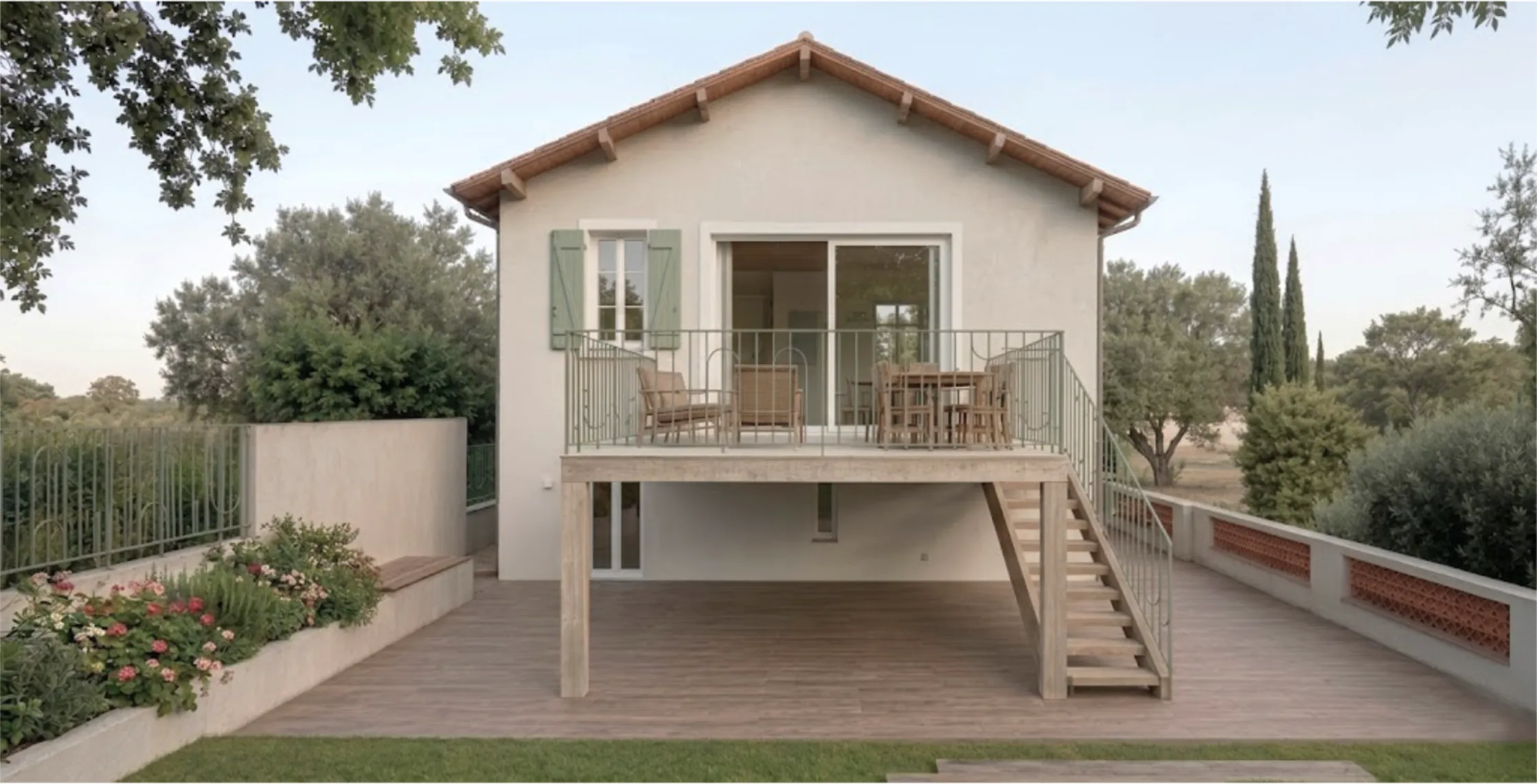 Façade arrière et terrasse de la maison
