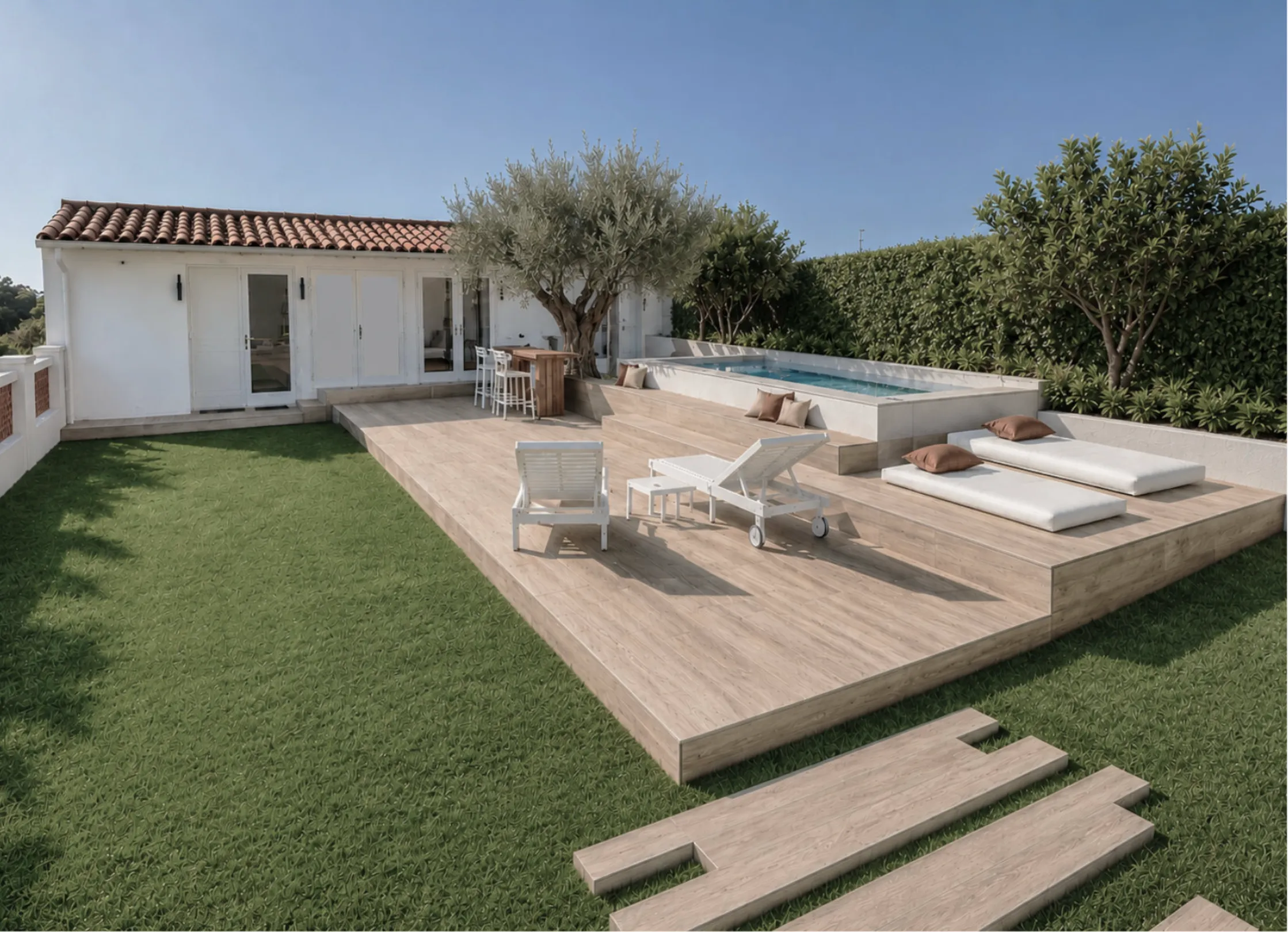 Jardin et piscine côté extérieur