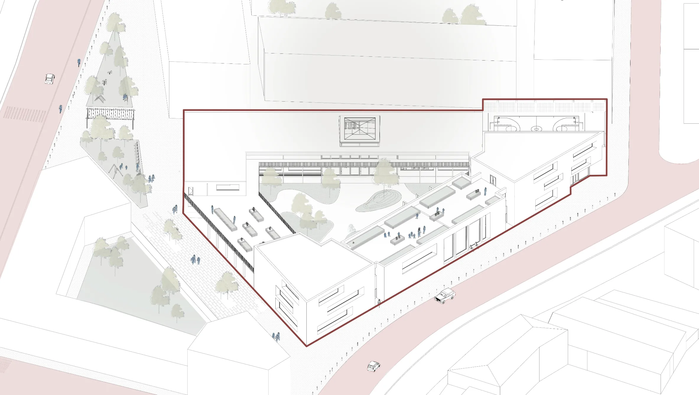 Vue aérienne d’ensemble de la cité des écoles